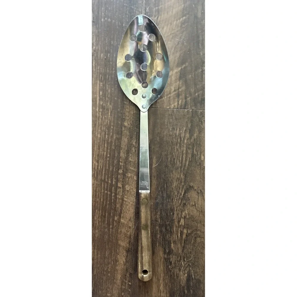 Vtg Stainless Steel Slotted Serving Spoon Carved Wooden Handle Japan 13